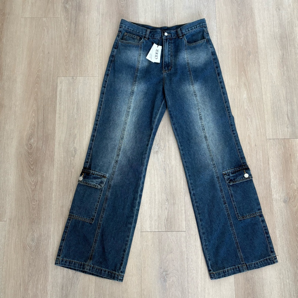 Cider Womens Wide Flare Leg Denim Cargo Pockets Jeans Large Dark Wash Blue